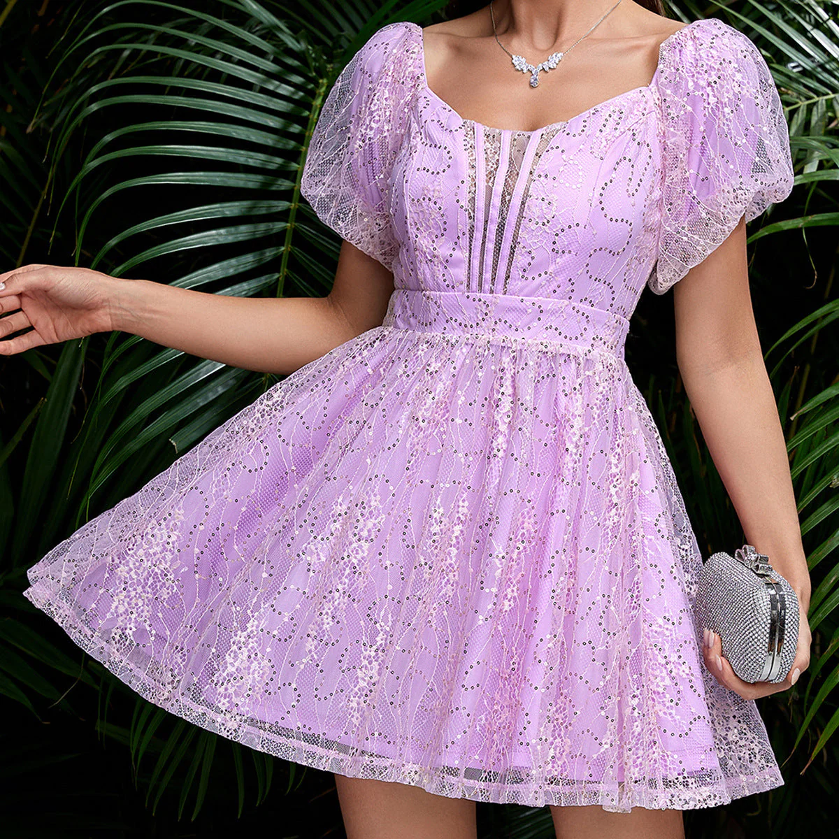 Hollow Out Cutout Short Mesh Lace Puff Sleeve Dress