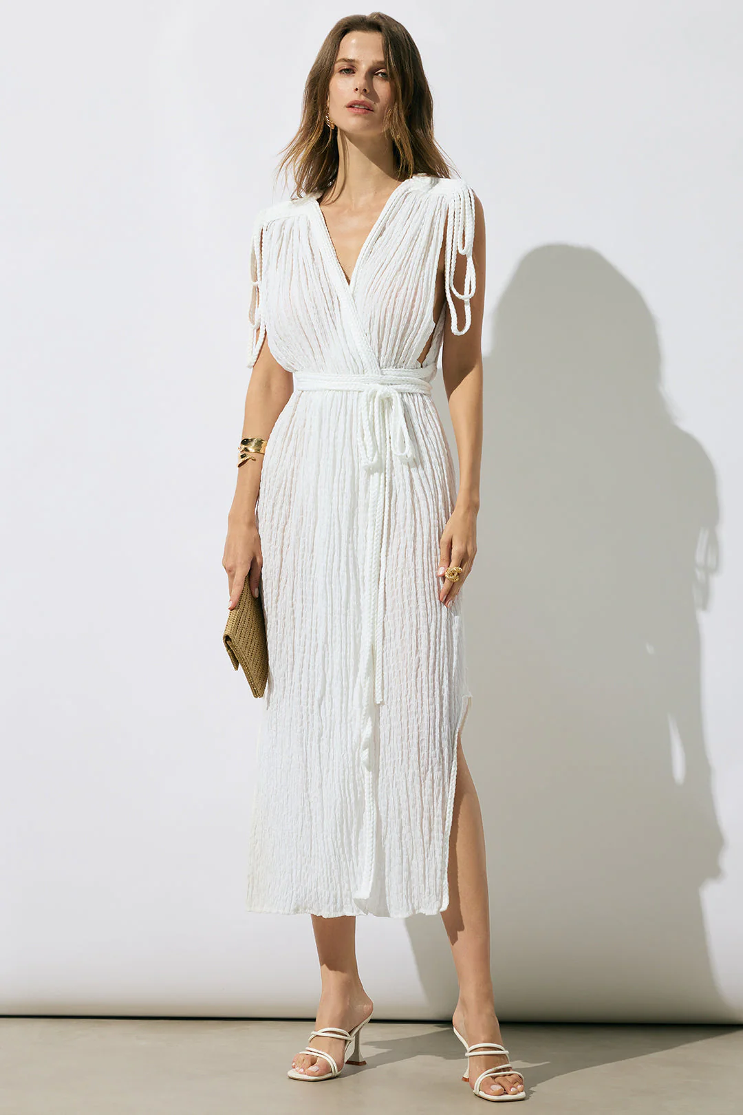 Twist Knot V-Neck Fringe Sleeveless Midi Dress