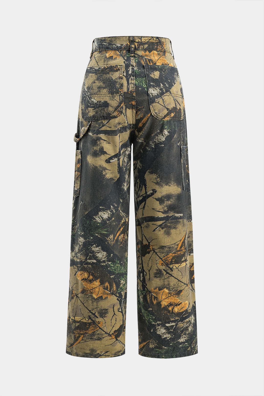 Branch Print Denim Button Pocket Wide Leg Trousers
